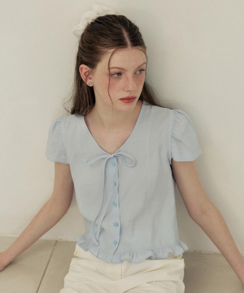 ADAUL Puff Button Ribbon Half Sleeve Blouse - Sora