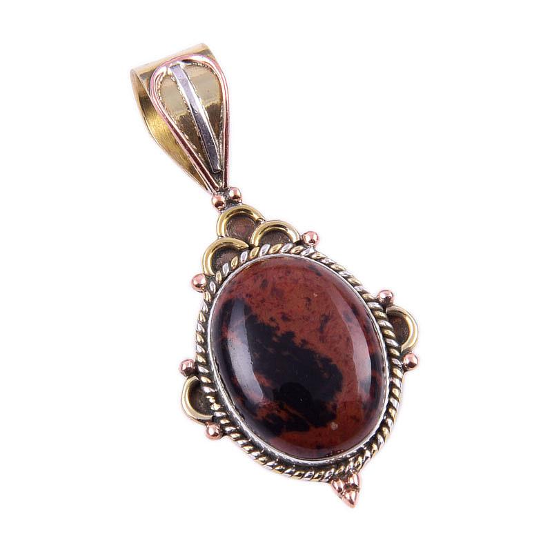Natural Mahogany Obsidian Gemstone 925 Solid Silver Two Tone Pendant 1.50'' z1U13