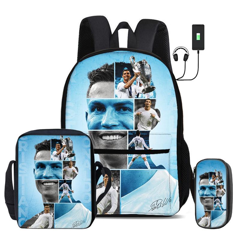 Набор из 3 предметов Ronaldo Школьные сумки Рюкзак с USB-интерфейсом CR Футбольная звезда Сумка через плечо Футбольные спортивные Пенал Дети Рюкзак