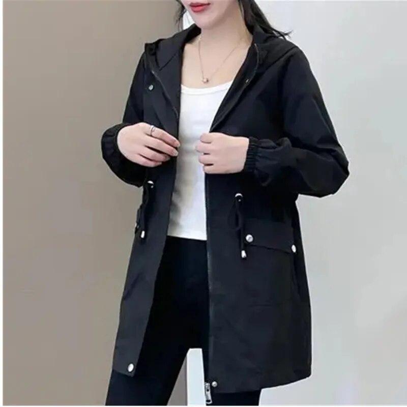 Women's Spring and Fall Medium-length Thin Section Casual Hooded Windbreaker Jacket