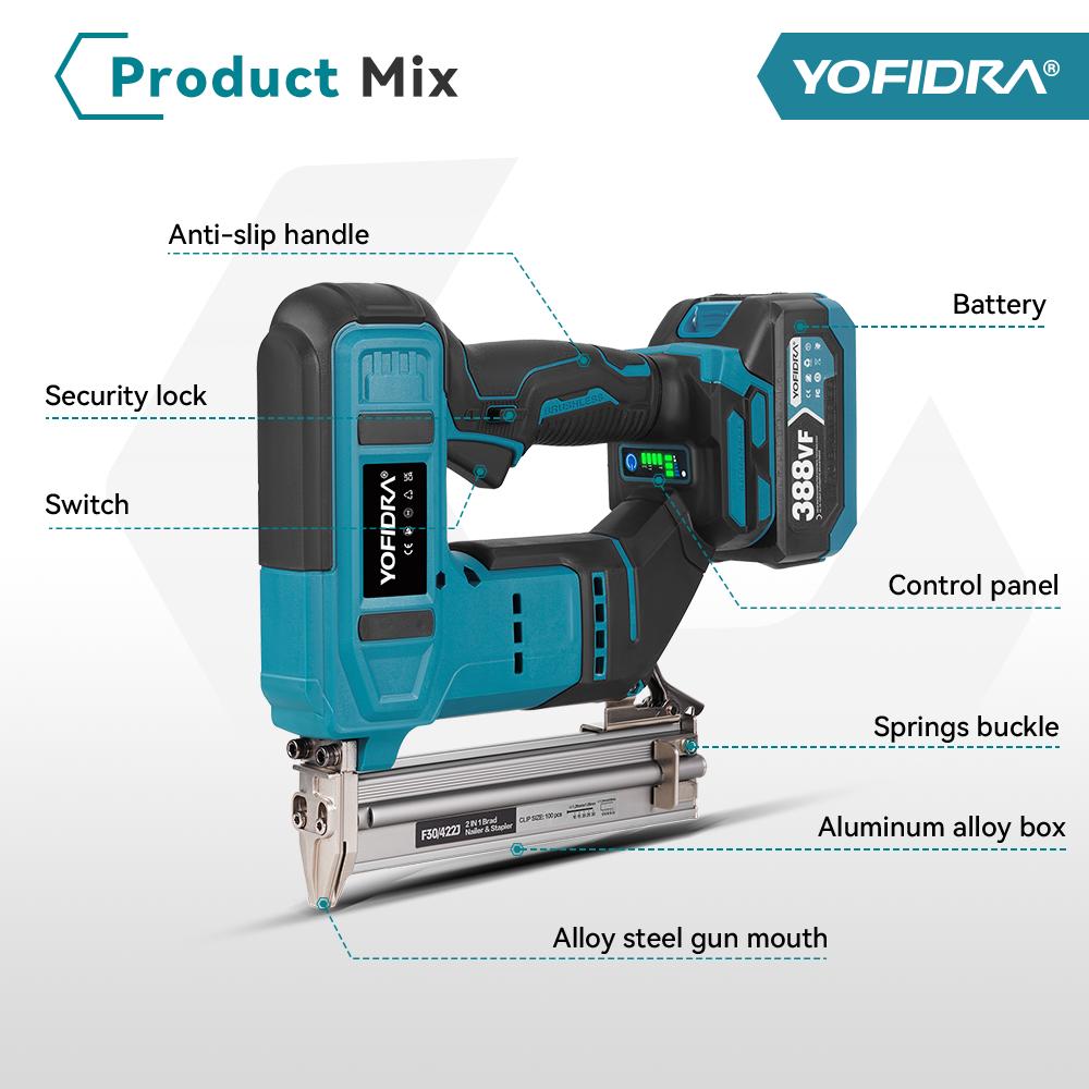 Yofidra Brushless 30mm Electric Nail Gun 2in1 Nailer/Stapler Gun Cordless Framing Nailer Tacker Tool For Makita 18V Battery Pins