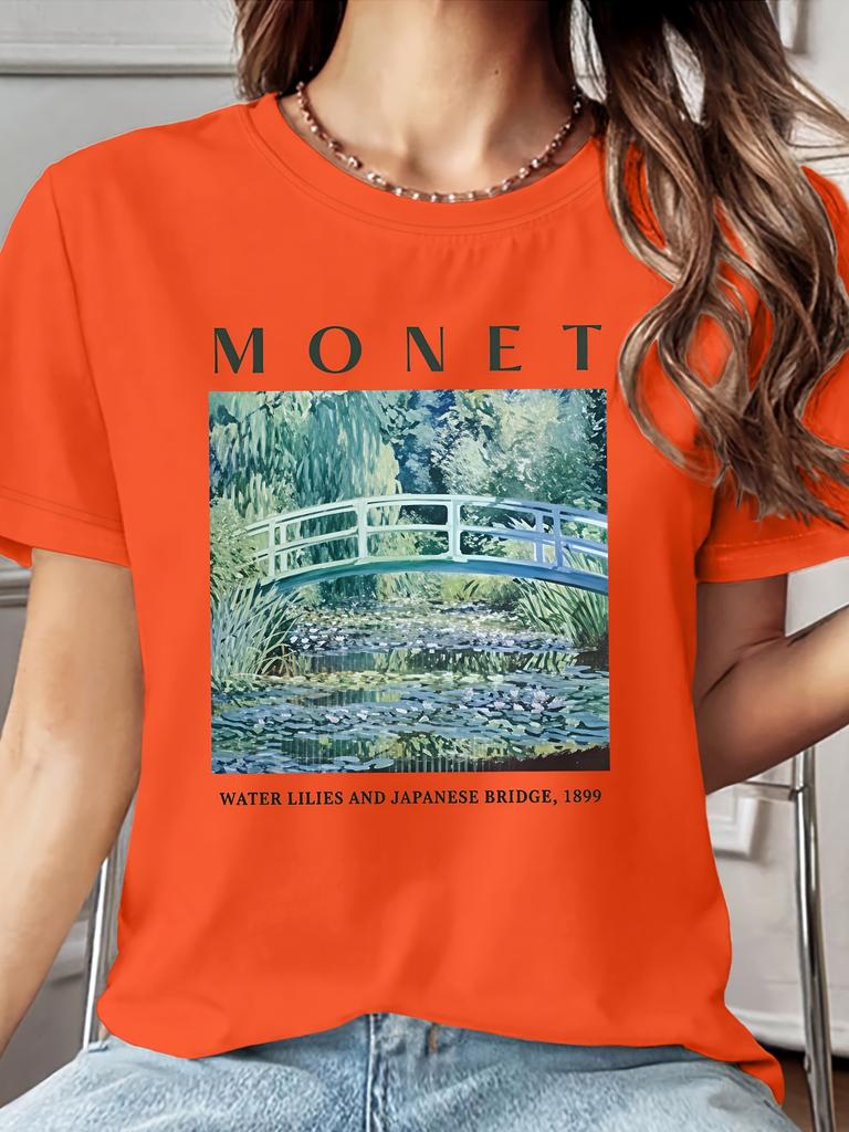 Женская футболка Коллекция картин Моне Вид с моста на кувшинки Печатный круглый вырез Исцеляющий Повседневный Модный Ежедневный женский топ