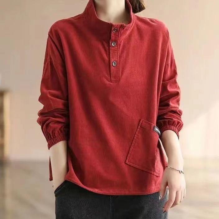 Autumn Korean Fashion Sports Chic Vintage Casual Shirt Women Young Style Solid Color Long Sleeve High Neck Pocket Button Top