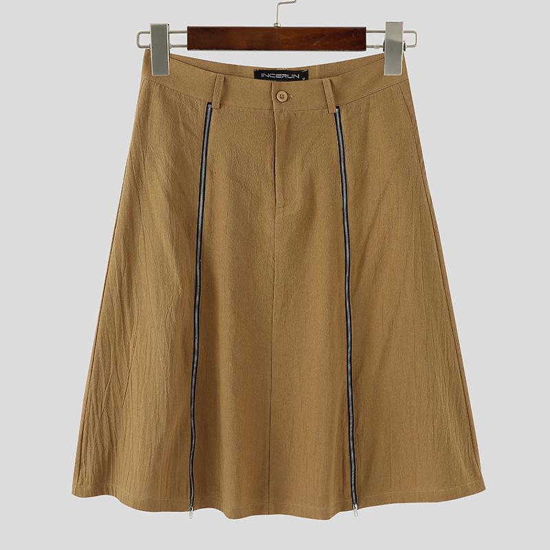 INCERUN Men High Waist Zip-up Long Skirts Casual A-line Splits Kilt