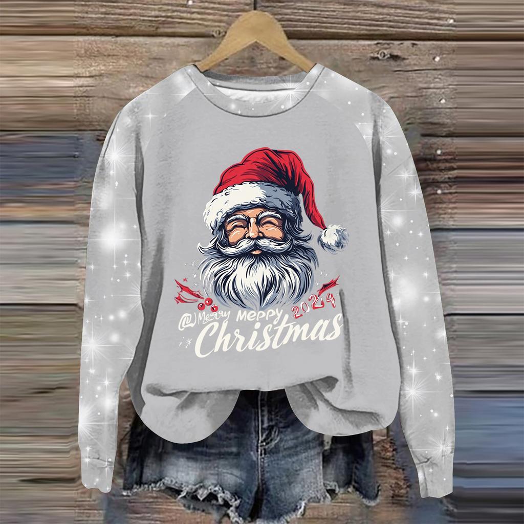 Women's Fashion Round Neck Pullover Plunging Sleeve Tee Christmas Printed Top