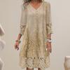 Summer Women Dress V Neck Hollow Out Lace Buttons Three Quarter Sleeves Embroidery Solid Color Loose Knee Length Retro Midi Dress