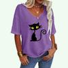 Женская мода V-образный вырез свободная футболка повседневный топ с принтом кота женская футболка с коротким рукавом