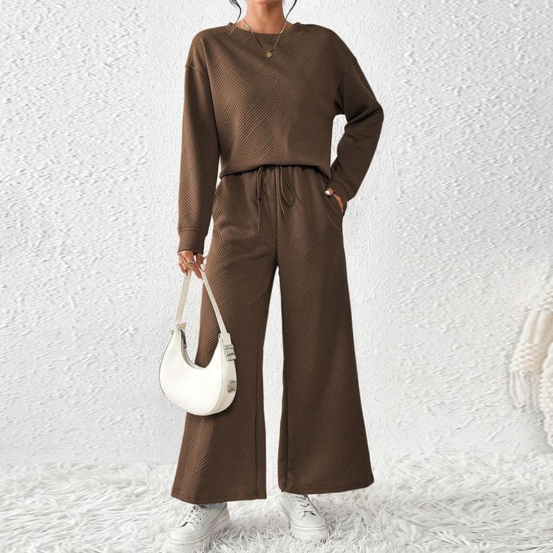 Autumn Women's Pure Color Wide Leg Pants Set Long Sleeved Round Neck Pullover Drawstring Pants Female Suit
