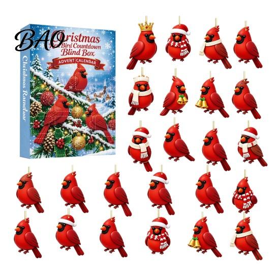 Holiday Countdown Decoration Red Bird Advent Calendar, 24-Day Christmas Set with Toy Ornaments, 2D Acrylic Tree Hanging Decor, Gift for Kids