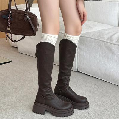 Винтажные женские сапоги до колена на толстой платформе, модные туфли на толстом каблуке, осенне-зимние женские длинные сапоги-ботинки для женщин