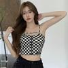 Женский корейский клетчатый тонкий укороченный топ на молнии с открытым пупком