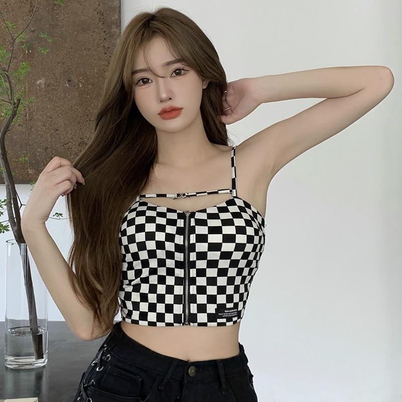 Женский корейский клетчатый тонкий укороченный топ на молнии с открытым пупком