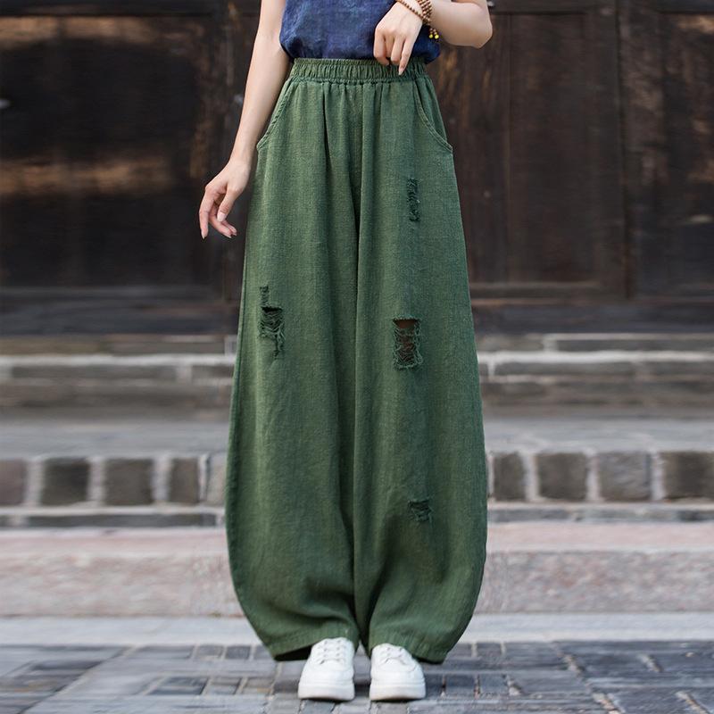 Johnature Women Vintage Bloomers Pants Elastic Waist Autumn Trousers Solid Color Loose Hole Long Pants