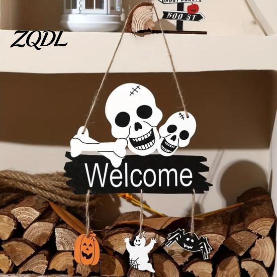 Multi Layer Pumpkin Door Decor Halloween Welcome Hanging Sign, 3D Layered Skull Spider Plaque, Theme Sign Wooden Front Porch Wall for Home Party