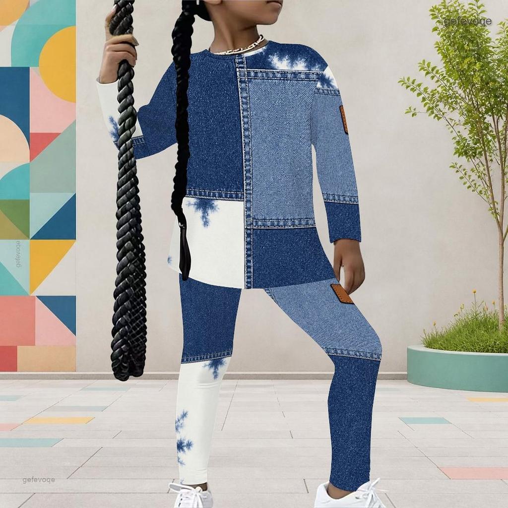 Girls Blue White Abstract Wave Printed Round Neck Long Sleeve Top Fitted Pants Two Piece Set