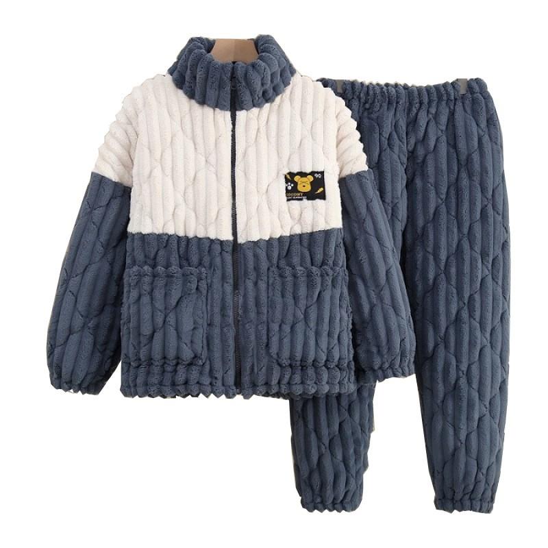 Winter Flannel Fleece Pajama Set Young Men Thick Warm Loungewear With Zipper
