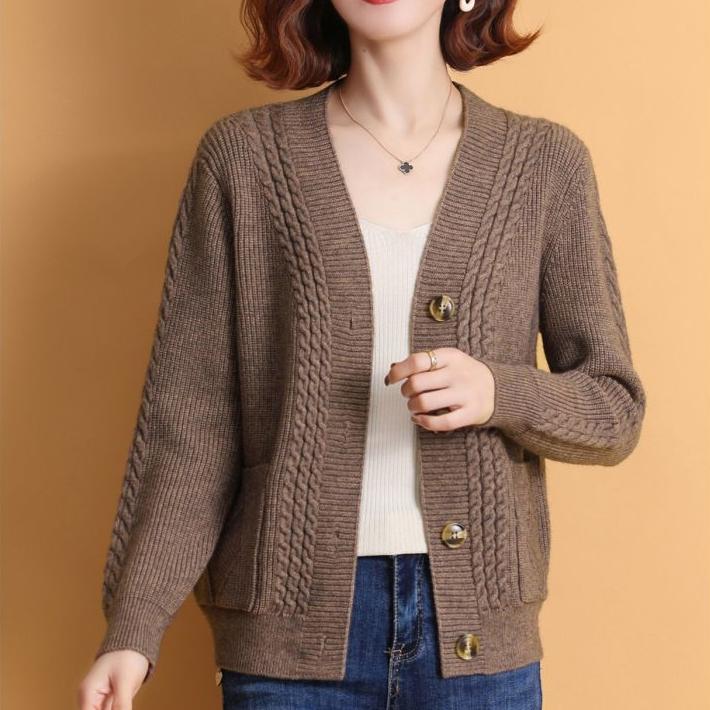 Женский вязаный кардиган, свитер, куртка, весна-осень, короткий однотонный трикотажный кардиган с V-образным вырезом