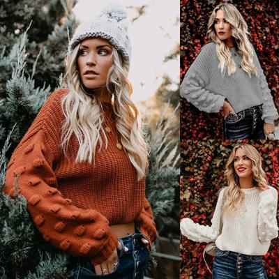 Свитер женский большого размера модный короткий круглый вырез вязать свободный длинный рукав свитер