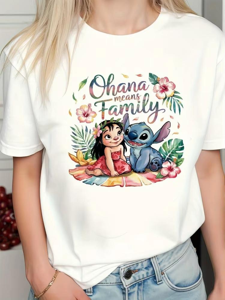 2026 New Lily Cartoon Pattern Ohana Means Home Design Print High Quality Fashion WoUnisex Loose Plus Size Short Sleeve