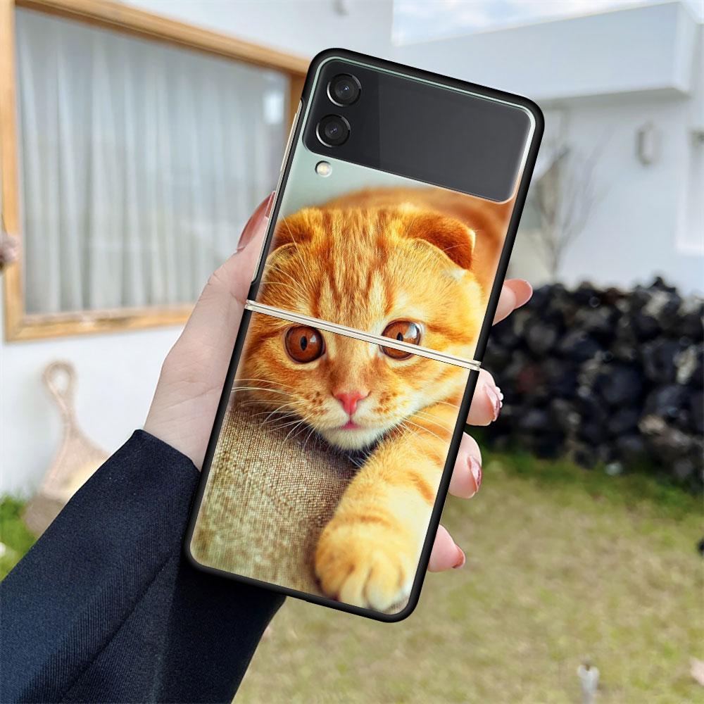 Роскошный чехол для Samsung Galaxy Z Flip 4 3 5G, черный ПК, жесткие чехлы для телефонов, модная задняя крышка ZFlip Funda, милый Aniaml Cat Shell Sac