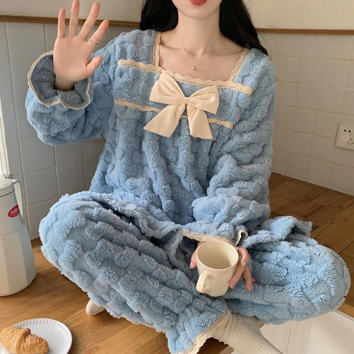 Женская пижама в стиле принцессы из кораллового вельвета - Осеннее кружево, Толстый и теплый домашний костюм