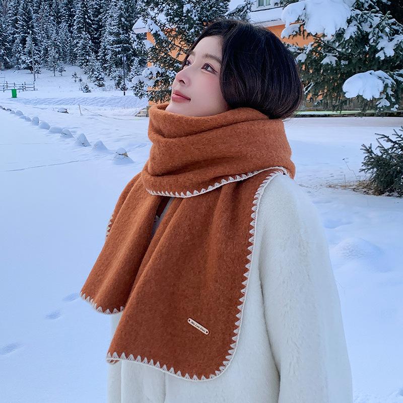 White Scarf Women's New Winter Versatile Knitted Wool Including Wool Warm Scarf