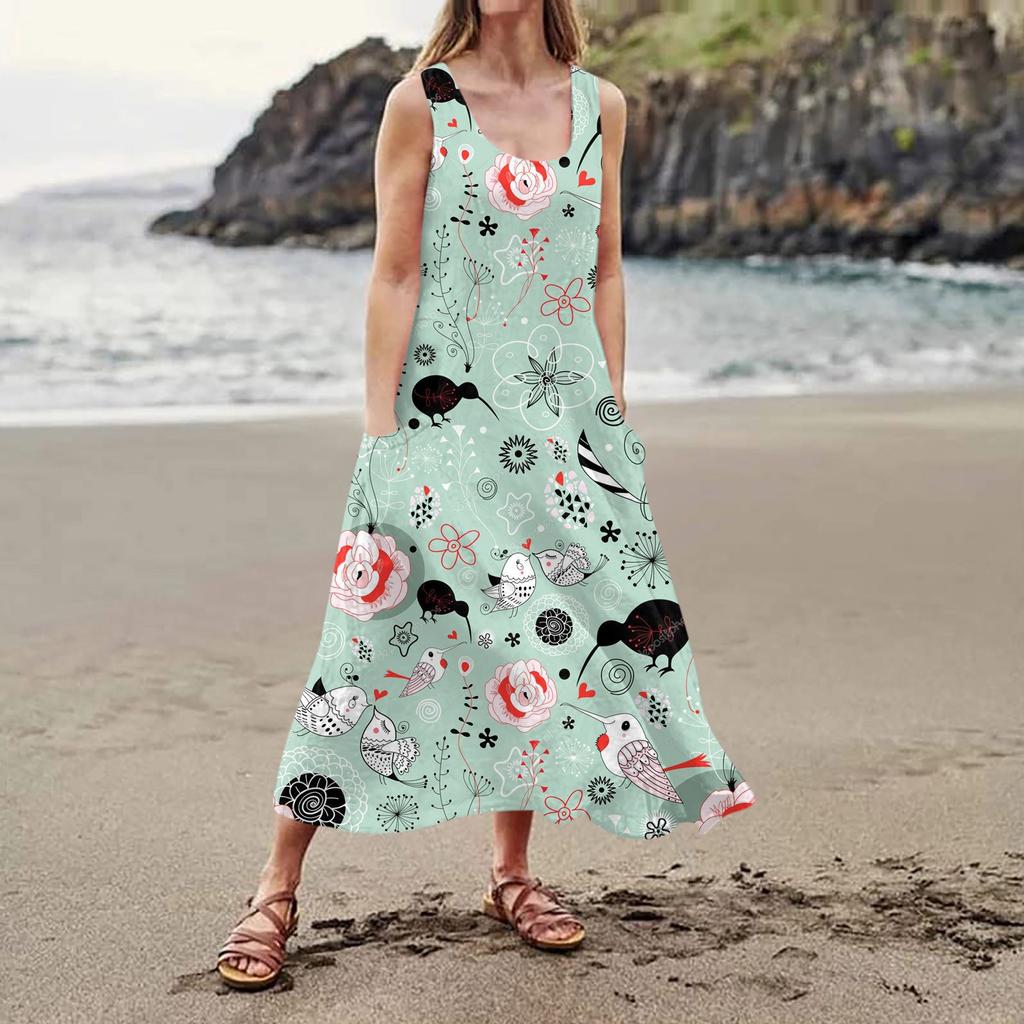 Женское повседневное удобное хлопковое карманное платье без рукавов с цветочным принтом