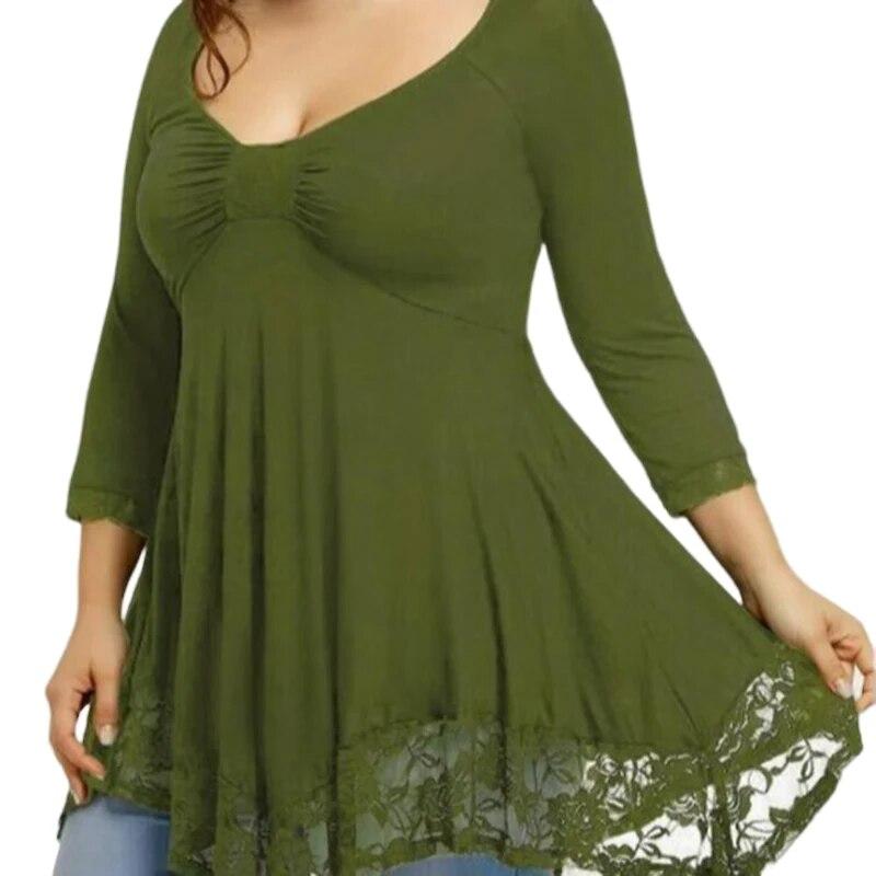 Женская свободная рубашка размера плюс с длинным рукавом, туника, топы с круглым вырезом, кружевная блузка с баской, струящиеся свободные рубашки, сплошной цвет