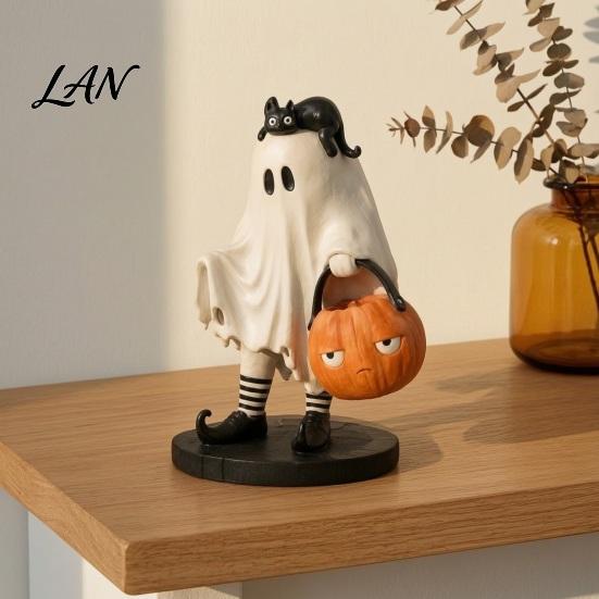 Handcrafted Resin Figures Cute Ghost Statue, Black Cat Holding Pumpkin Bucket Ornament, Statue Halloween Figurine for Home Holiday Party Table Mantel