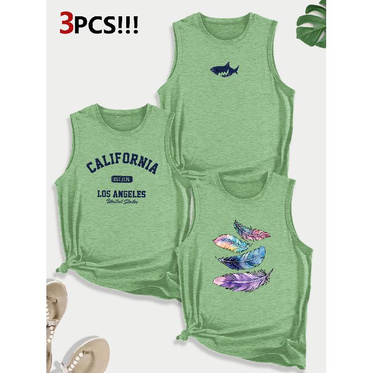 California Feather Shark Combination Gift Print Pattern Crew Neck3Pack of sleeveless vests for women in spring, summer, and autumn