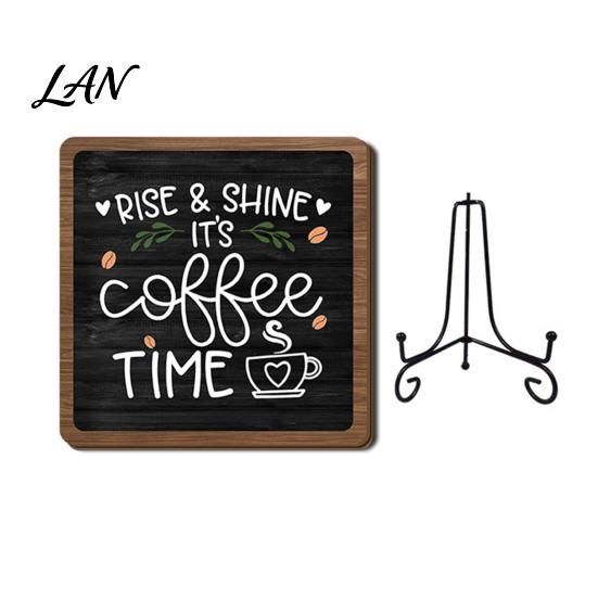 Decorative Wooden Stand Coffee Themed Tabletop Sign, Rustic Kitchen Bar Plaque with Iron Table Display Stand, Farmhouse Home Dining Room Countertop