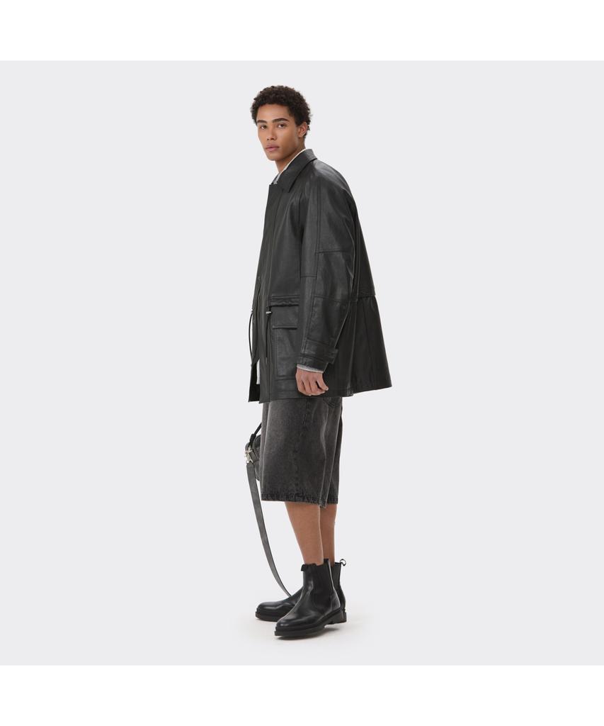 Customellow Black Leather Long Coat Cwuds26112Bkx
