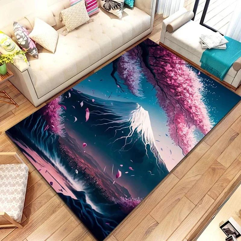 3D Japanese Cherry Blossom Floor Mat with Mount Fuji Design Large Soft Carpet for Kids' Bedroom Stylish Rug for Living Room