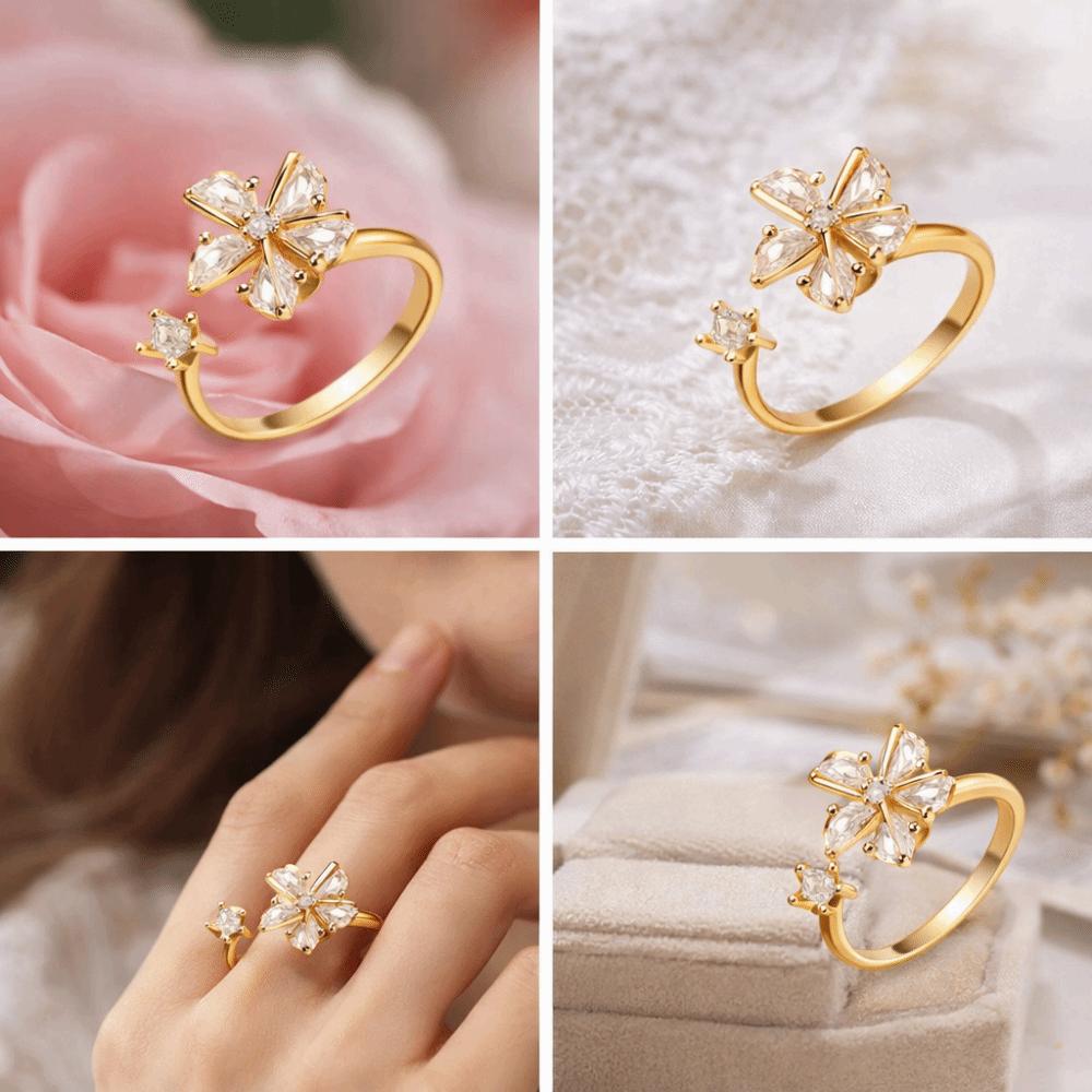 Star Rhinestone Rotatable Ring Zircon Crystal Flower Ring Flower Opening Ring  For Women