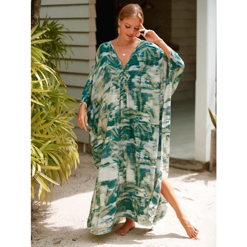 Plus Size Boho Cover Up, Women's Plus Painting Print Bat Sleeve V Neck Split Hem Maxi Cover Up Dress