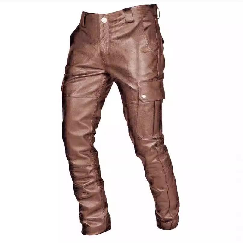 Casual Men's Leather Pants With Adjustable Straps Stylish Comfortable Fit Perfect For Everyday Wear Fashionable Leather Trousers For Men