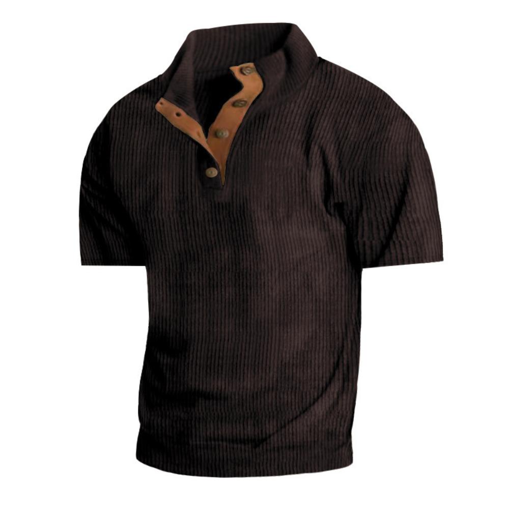 Men's Summer Casual T-shirt Button Stand-up Collar Tees Solid Color Loose Corduroy Short Sleeves Soft Skin-friendly
