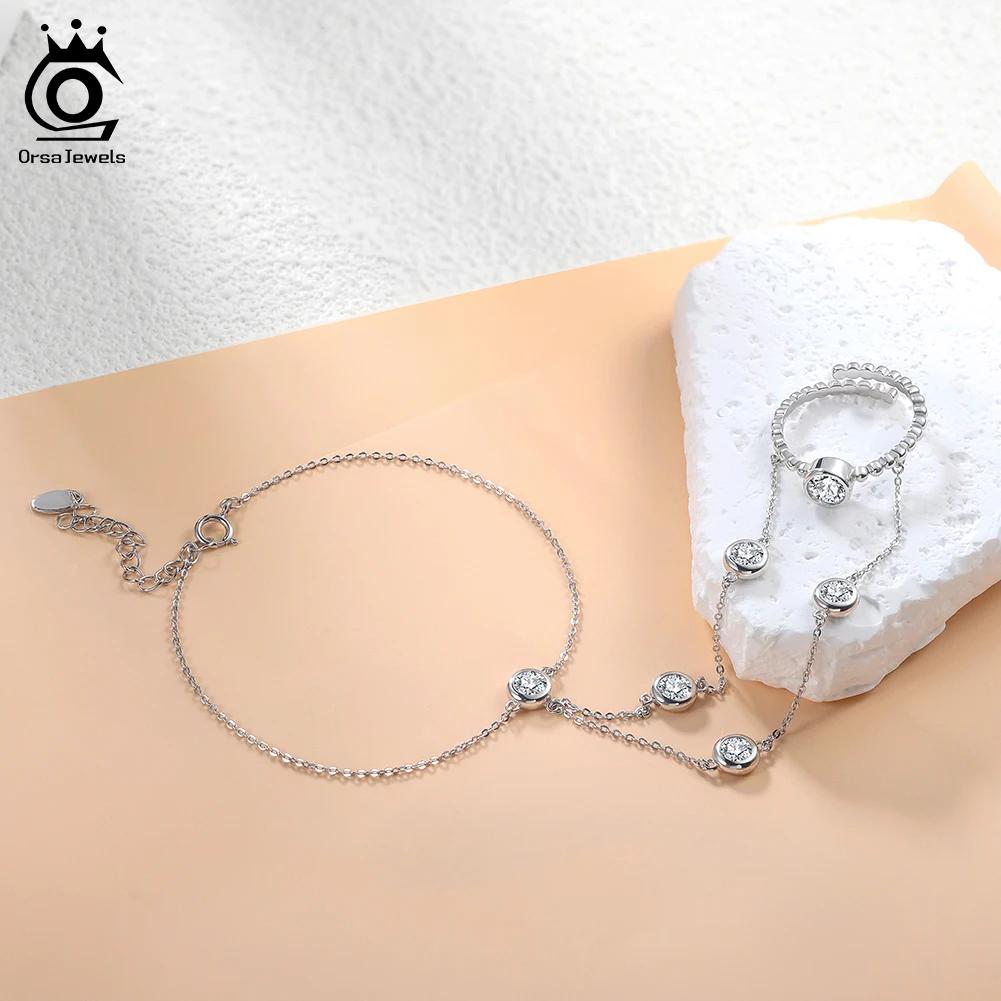 ORSA JEWELS Роскошный серебряный браслет-цепочка на палец из стерлингового серебра 925 пробы с цирконием 5A для женщин Модная ручная декорация Ювелирные изделия Подарки APV05