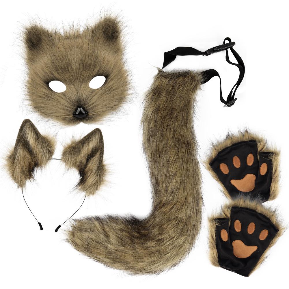 Halloween Plush Fox Mask Set with Ears Headband, Claws and Tail, Cosplay Accessories for Adults Kids