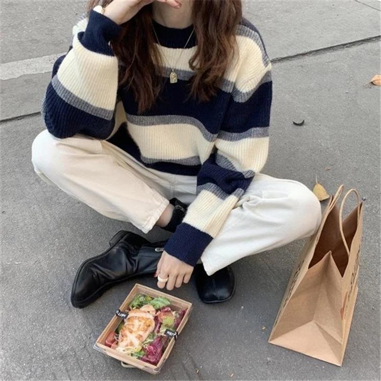 1011 autumn and winter retro niche design sense color matching striped loose round neck college style casual sweater women's bottoming shirt