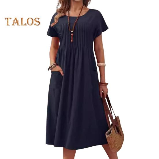 Женское повседневное платье, платье макси с круглым вырезом, короткими рукавами и карманом, свободное летнее платье для офиса, повседневная пляжная вечеринка