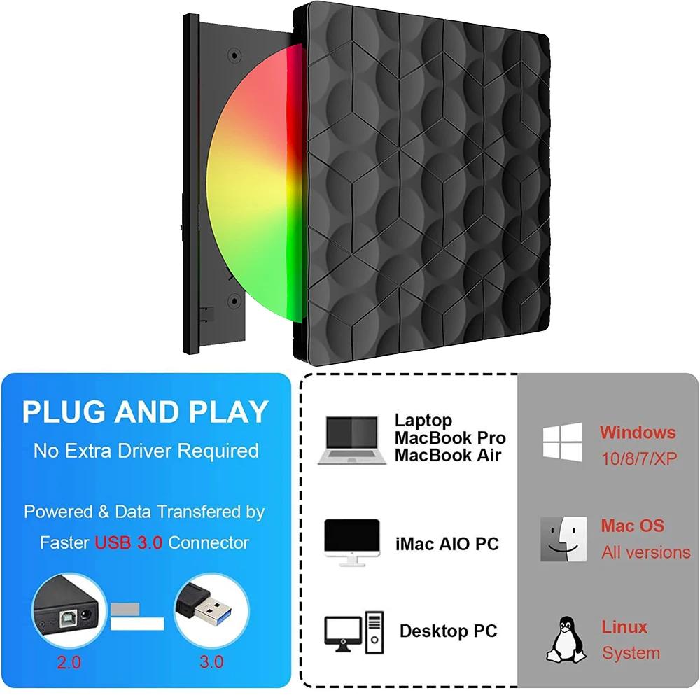 Внешний DVD-плеер USB3.0 Type-C CD VCD-рекордер и считыватель для ноутбуков, настольных ПК, Mac, Windows, Linux, iOS, медиаплееры Аудио Видео