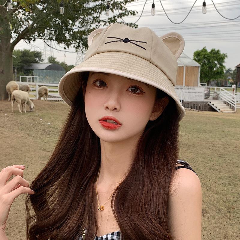 Милая шляпа-кошка, шляпа-ведро, женская летняя маленькая свежая универсальная шляпа-тазик, студенческая шляпа от солнца, шляпа с кошачьими ушками