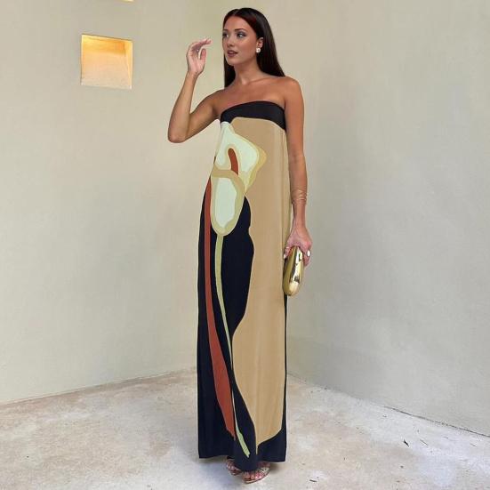 Women Maxi Dress Off Shoulder Sleeveless Backless Color Matching Print Slim Fit Straight Bandeau Anti-slip Prom