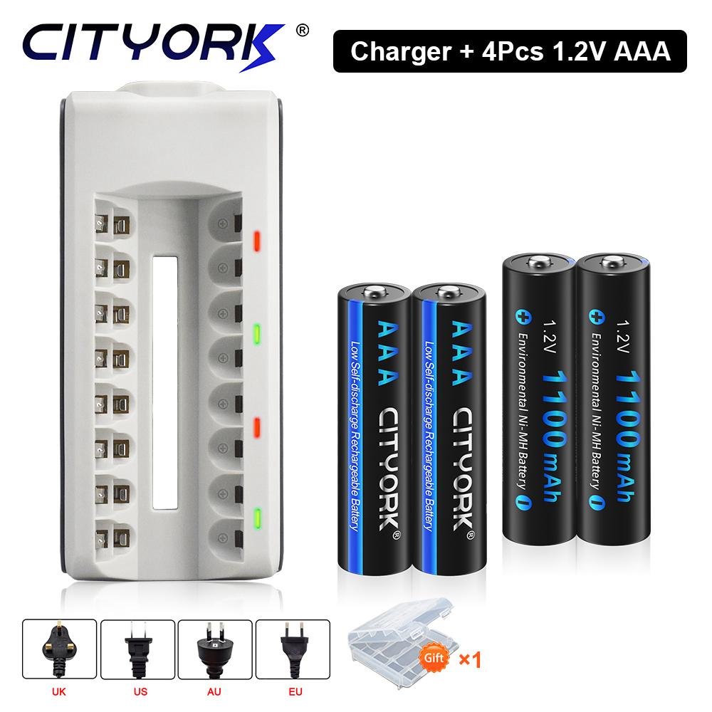Cityork 1,2 В AAA Ni-MH аккумуляторная батарея 1100 мАч 3A аккумуляторная батарея для светодиодного фонарика игрушечной машины + зарядное устройство на 8 слотов
