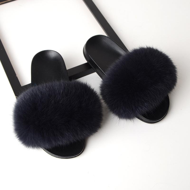 Furry Slippers for Women The Same Style In Summer Real Fox Fur Slippers Plus Size Female Sandals
