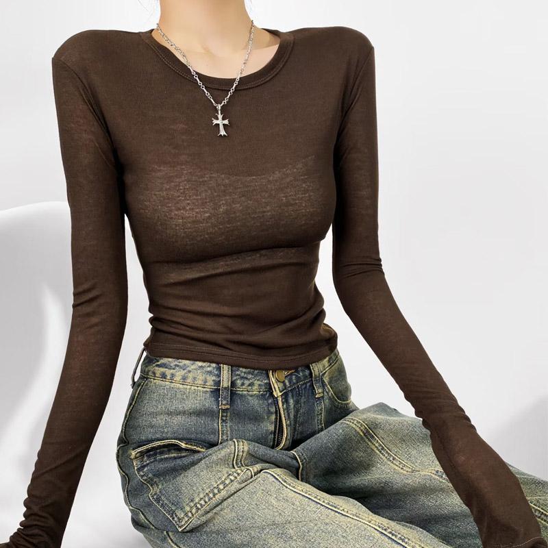 Women Crew Neck Fitted Long Sleeve Semi Sheer T-shirt