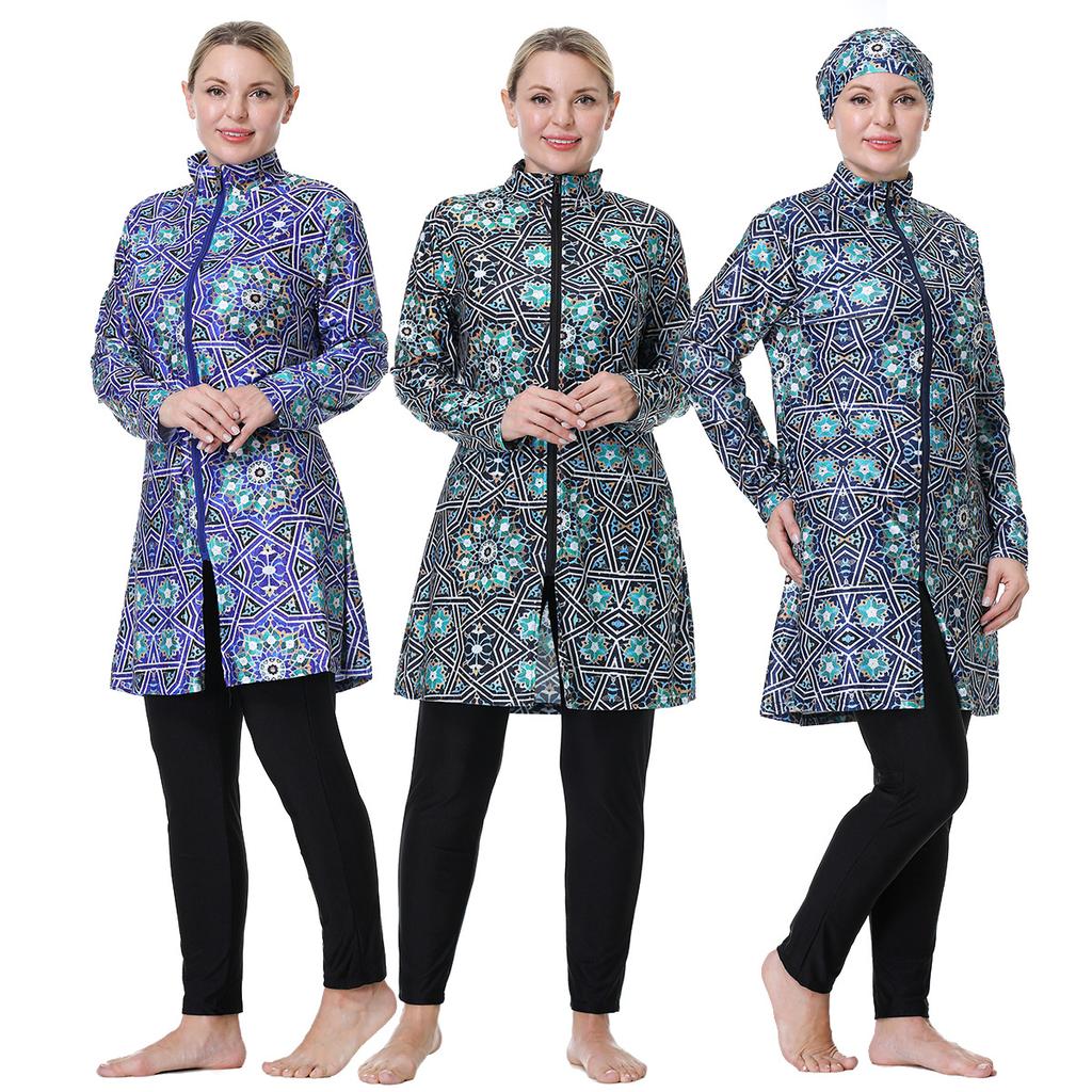 3XL-8XL Women Muslim Muslimah Swimwear Full Coverage Flower Patterned Zippered Women Swimming Suit Comfortable Highly Elastic 3 Pieces Beachwear