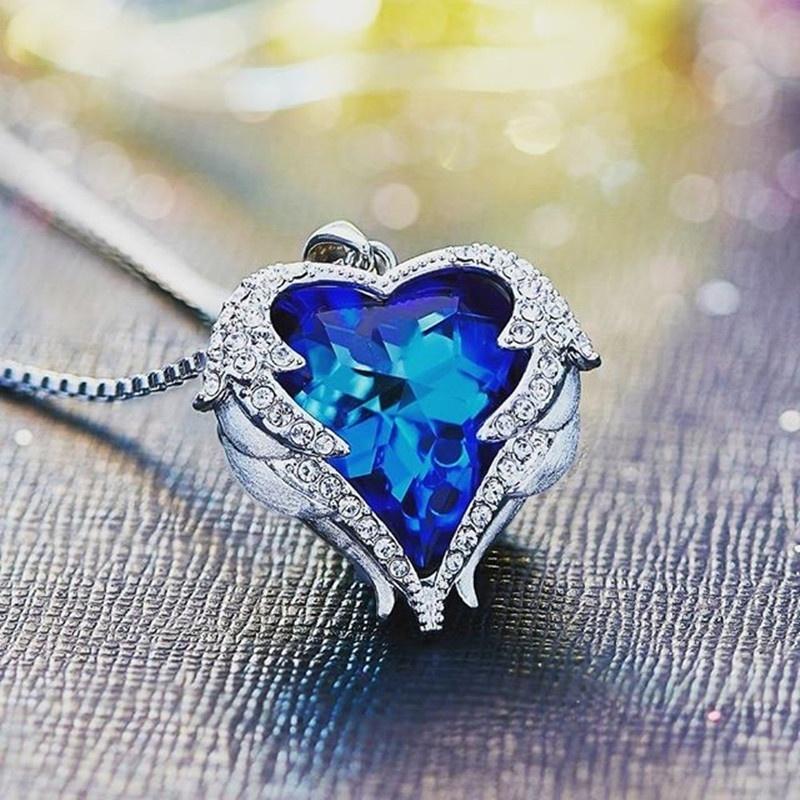 Ожерелья с подвеской «Крылья ангела» Ожерелье с синим кристаллом в форме сердца для женщин Рождественские украшения MIT