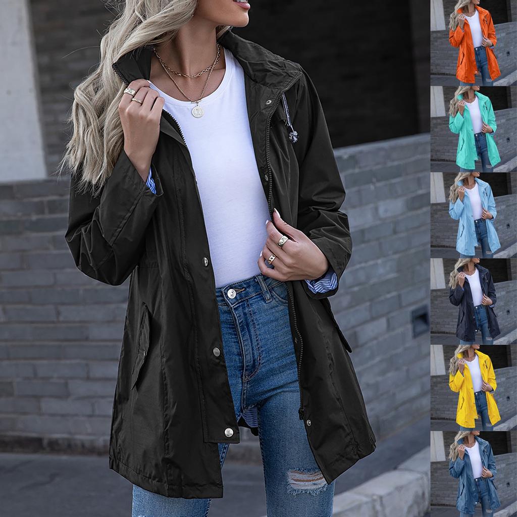 Women Hooded Waterproof Zipper Mid-length Windproof Waterproof Raincoat Jacket